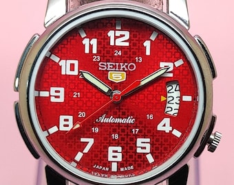 Seiko 5 Automatic Watch for Men Vintage Red Dial Japanese Mechanical Day Date Watch