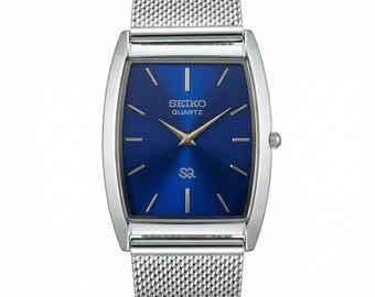 ヴィンテージ セイコー クォーツ 長方形ドレスウォッチ、ブルーダイヤル シルバーステンレススチール