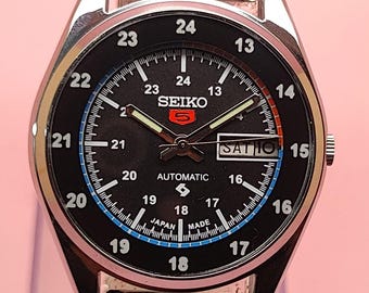 セイコー5 自動巻き腕時計 メンズ ヴィンテージ ブラックダイヤル 日本製機械式 デイデイトウォッチ