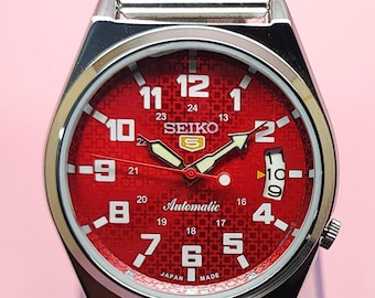 セイコー5 自動巻き腕時計 メンズ ヴィンテージ レッドダイヤル 日本製機械式 デイデイトウォッチ
