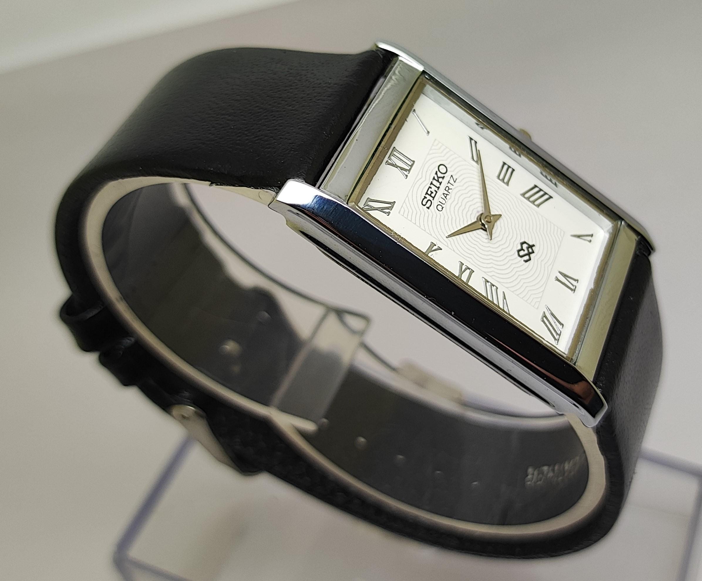 Vintage Seiko Quartz Rectangular Dress Watch, White Dial Black Leather ...