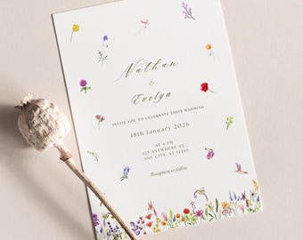 May include: A white wedding invitation with floral accents and the names "Nathan & Evelyn" in elegant script. The invitation includes the date "18th January 2026" and event details. Delicate watercolor flowers border the bottom edge.