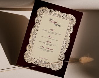 Vintage Lace Hochzeit Bar Menü Vorlage, Burgunder Old Geld Getränkekarte, Romantischen Europäischen Empfang Cocktail Zeichen, Bearbeitbares Canva Bar Zeichen
