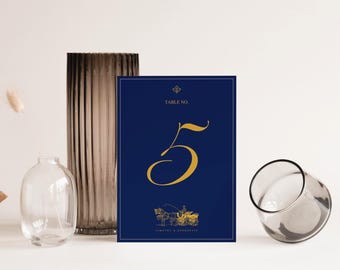 Plantilla de números de mesa para bodas, tarjetas de números de mesa editables en Canva, letreros de boda imprimibles en azul marino y dorado.