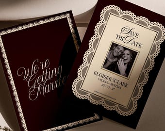 オールドマネーのウェディング招待状テンプレート、ヴィンテージレースのウェディング招待状、豪華な写真のウェディング招待状、Canvaで編集可能なウェディング招待状