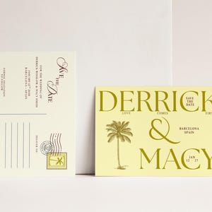 May include: Two wedding announcement cards. One is a postcard with "Save the Date" in burgundy script. The other is a yellow card with "Derrick & Macy" in large gold letters, a palm tree illustration, and the wedding date.