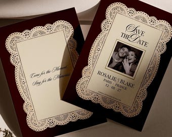 Burgundy Photo Save the Date Template, Vintage Lace Wedding Save the Date, Editable Canva Wedding Announcement