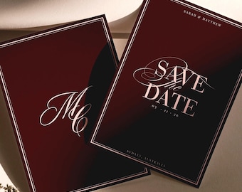 Plantilla de lujo para guardar la fecha, elegante invitación de boda en color burdeos, papelería editorial moderna para bodas, invitación editable en Canva.