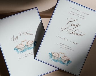 青い水彩画の白鳥の結婚式招待状テンプレート、エレガントな印刷可能（Canva）