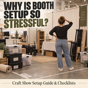 May include: A craft show booth setup guide and checklist featuring the text WHY IS BOOTH SETUP SO STRESSFUL? and Craft Show Setup Guide & Checklists. The image shows a person standing in a 10x10 marked space with storage bins, display props, and furniture.