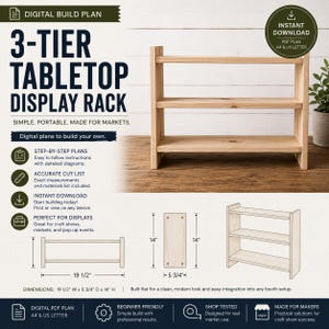Op de afbeelding: Een digitaal bouwplan voor een 3-laags displayrek voor op tafel. Het document bevat stapsgewijze instructies, een zaaglijst en diagrammen die de afmetingen van het rek tonen als 49,5 cm breed, 14,6 cm diep en 35,6 cm hoog.