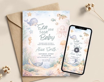 Baby Shower Invitation Customized Sea You Soon Baby Digital Templates Editable Printable Animated Bundle