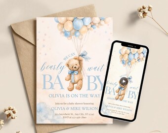 Baby Shower Invitation Customized Boy Bearly Wait Digital Invite Templates Editable Printable Animated Bundle