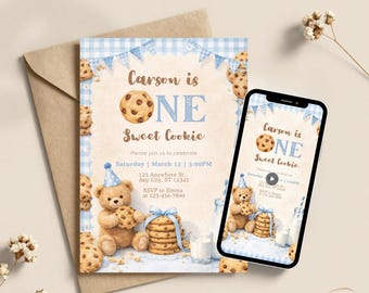 Invitación de cumpleaños personalizada para un niño con galletas dulces: plantillas de invitación digital, editables, imprimibles y animadas.