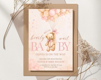 Baby Shower Invitation Customized Girl Bearly Wait Party Theme Digital Invite Template Editable Printable