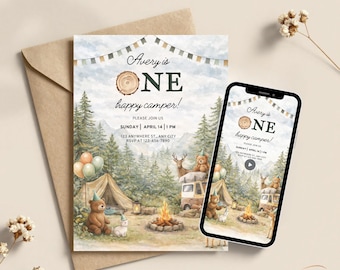 Birthday Invitation Customized One Happy Camper Digital Invite Templates Editable Printable Animated Bundle