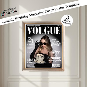 Puede incluir: Una plantilla de portada de revista enmarcada con el logotipo de Vogue, que presenta a una mujer sosteniendo un pastel con una vela encendida. La portada incluye el texto: "21 & Thriving", "Alice is the Birthday Iconic Queen" y "Libra Energy". El marco es dorado.