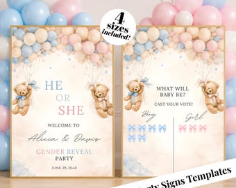 Gender Reveal Party He Or She Teddy Bear Welcome Sign Cast Vote Editable Printable