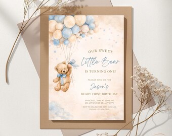 Birthday Invitation Customized Boy Little Bear First Birthday Digital Invite Templates Editable Printable
