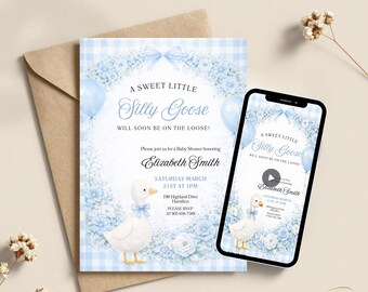 Baby Shower Invitation Customized Silly Little Goose Boy Digital Templates Editable Printable Animated Bundle