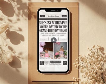 Birthday Invitation Customized Vintage Newspaper Party Theme Digital Invite Template Editable E-Vite