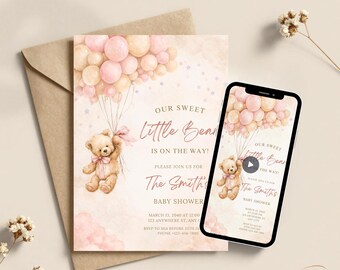 Baby Shower Invitation Customized Girl Little Bear Is On The Way Editable Printable Animated Bundle