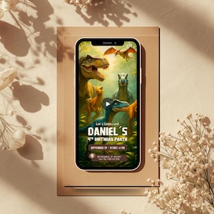 Invito di compleanno personalizzato per feste a tema dinosauri, modello di invito digitale per bambini, video animato