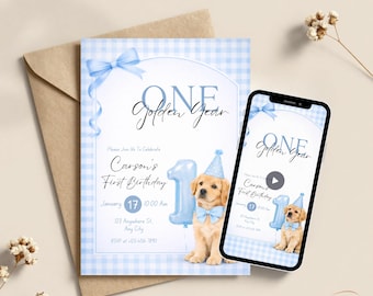 Birthday Invitation Customized One Golden Year Boy Digital Invite Templates Editable Printable Animated Bundle