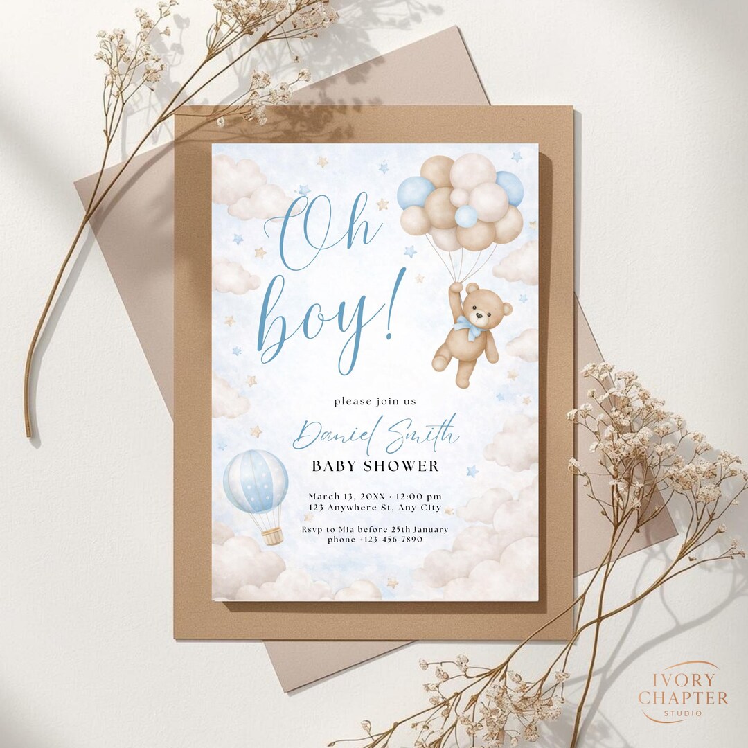 Baby Shower Invitation Customized Oh Boy Teddy Bear Party Theme Digital ...