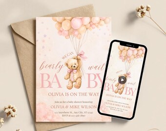 Baby Shower Invitation Customized Girl Bearly Wait Digital Invite Templates Editable Printable Animated Bundle