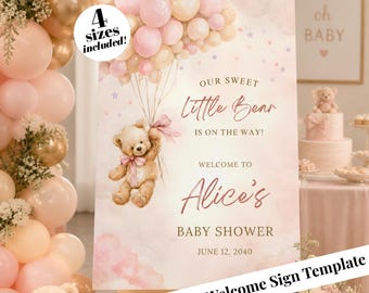 Baby Shower Welcome Sign Customized Girl Teddy Bear Balloons Digital Template Editable Printable