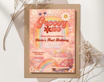 Birthday Invitation Customized Groovy One First Party Theme Digital Invite Template Editable Printable