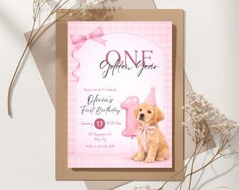 Birthday Invitation Customized One Golden Year Girl Party Theme Digital Invite Template Editable Printable