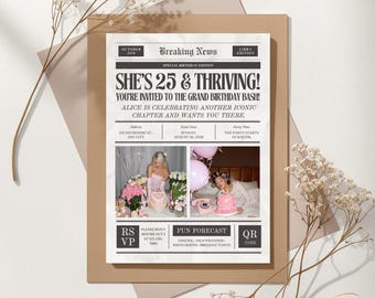 Birthday Invitation Customized Vintage Newspaper Milestone Party Theme Digital Invite Template Editable Printable