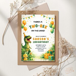 May include: A birthday invitation with a dinosaur theme. The invitation features a green dinosaur wearing sunglasses, balloons, and the text "There's a Two-Rex on the Loose!" It includes details for Carson's 2nd birthday.