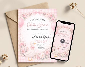 Baby Shower Invitation Customized Silly Little Goose Girl Digital Templates Editable Printable Animated Bundle