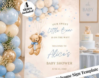 Baby Shower Welcome Sign Customized Boy Teddy Bear Balloons Digital Template Editable Printable