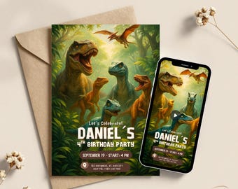 Birthday Invitation Customized Dinosaur Party Theme Boys Kids Digital Invite Templates Printable Animated Bundle