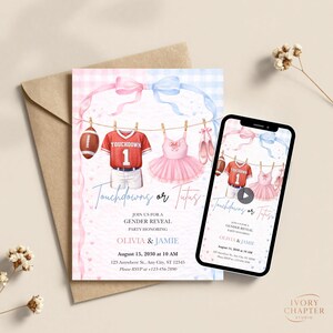 Puede incluir: Una invitación a una fiesta de revelación de género con un balón de fútbol, una camiseta roja con el número 1, un tutú rosa y zapatillas de ballet. La invitación incluye el texto "Touchdowns or Tutus" y los detalles del evento. Un smartphone muestra el mismo diseño.