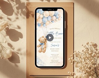 Birthday Invitation Customized Boy Little Bear First Birthday Digital Invite Templates Editable Animated Video