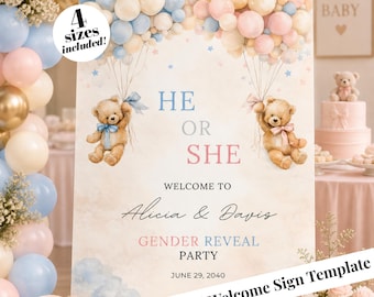 Gender Reveal Party He Or She Teddy Bear Welcome Sign Digital Template Editable Printable
