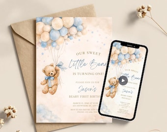 Birthday Invitation Customized Boy Little Bear First Birthday Invite Templates Editable Printable Animated Bundle