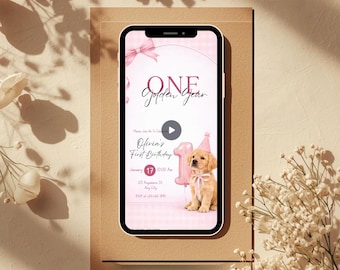 Birthday Invitation Customized One Golden Year Girl Party Digital Invite Template Editable Animated Video
