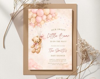 Baby Shower Invitation Customized Girl Little Bear Is On The Way Invite Template Editable Printable