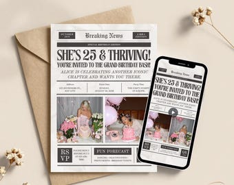 Birthday Invitation Customized Vintage Newspaper Party Theme Digital Invite Templates Editable Printable E-Vite Bundle