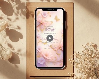 Convite de Aniversário Personalizado com Tema de Borboletas para Festa Infantil - Modelo de Convite Digital com Vídeo Animado para Meninas