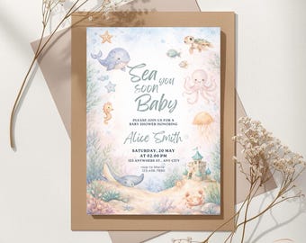 Baby Shower Invitation Customized Sea You Soon Baby Kids Digital Invite Template Editable Printable
