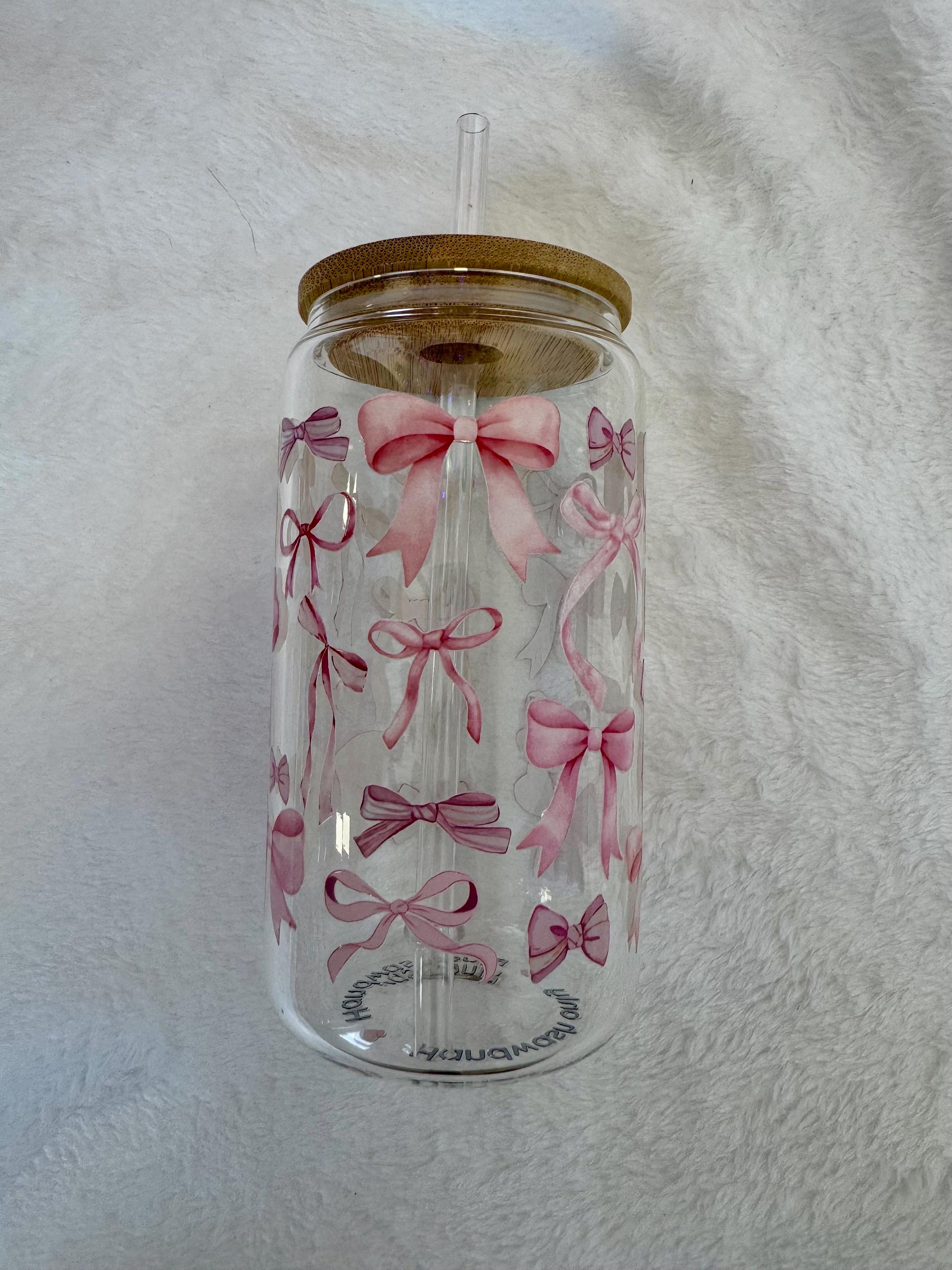 Pink Bow Glass Cup | 16oz Iced Coffee Tumbler With Bamboo Lid - Etsy