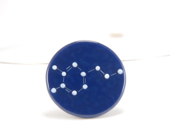 Molecule necklace, dopamine, happiness hormone molecule art, indigo blue round glass pendant with white atoms pattern