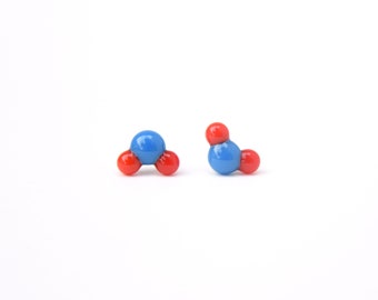 Red and blue nitrogen dioxide molecule formula earring stud for chemists, teachers, doctors, made with hypoallergenic surgical steel, NO2